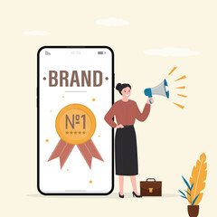 Female marketer with megaphone conducting brand awareness campaign. Brand awareness, businesswoman uses loudspeaker doing digital marketing,