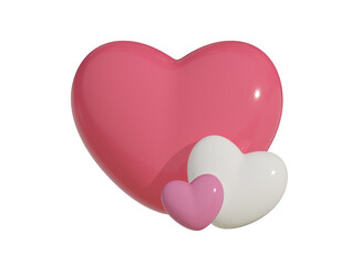3d pink hearts concept. Cute realistic glossy heart composition. Minimal 3d render love heart illustration for Valentines day greetings, Mothers Day, birthday, wedding decoration, background.