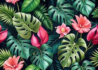 Lush tropical floral pattern with monstera leaves