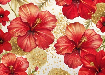 Red hibiscus flowers with gold glitter background