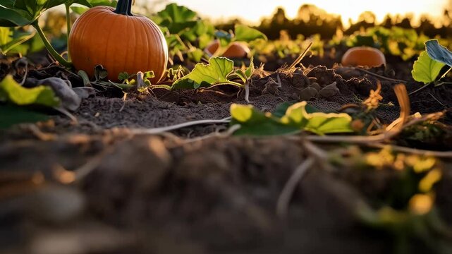Vibrant orange pumpkins growing in cultivated field with lush green leaves in warm evening light during golden hour