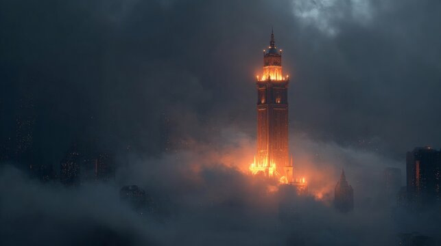 Illuminated tower in a foggy cityscape at night