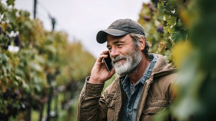 Viticulturist Discussing Harvest Schedule via Phone in Vineyard