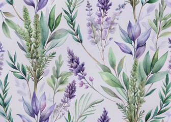 Watercolor lavender and greenery seamless pattern