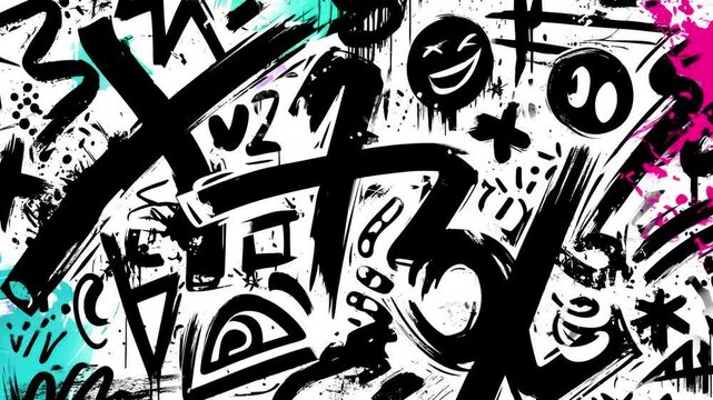 Monochrome graffiti with bold black brush strokes, abstract faces, and symbols on white background