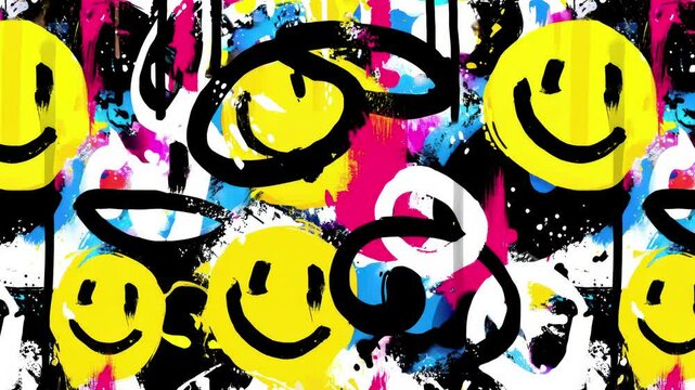 Yellow smiley faces with graffiti textures over abstract splashes in vibrant pink, blue, and black