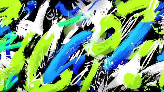Energetic graffiti artwork with bold strokes splashes and loops in green blue and white on black