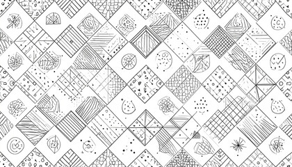 A repeating geometric pattern of small, hand-drawn squares featuring varied line textures, shapes, and dot patterns, arranged in a diamond formation on a white background