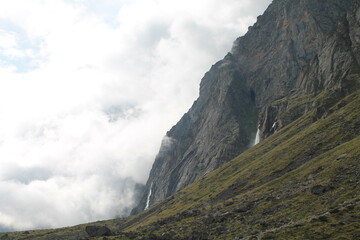 mountain  water fall landscape with clouds