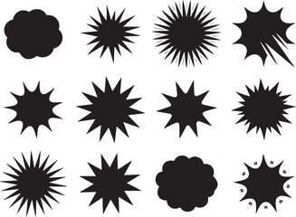 Black and white silhouette explosion icons vector sets with various bomb blast effects shapes