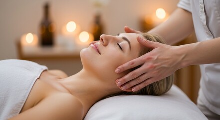 Woman getting head massage at spa with candles. Use wellness article