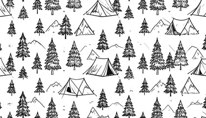 Seamless pattern of hand-drawn tents, evergreen trees, and mountain peaks on a white background; simple line art style