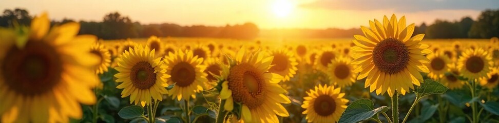 Fototapeta premium Golden hour sunlight bathes a field of vibrant sunflowers, creating a breathtaking landscape of nature's beauty Perfect for summer, agriculture, and nature themes , day, sky, sunshine