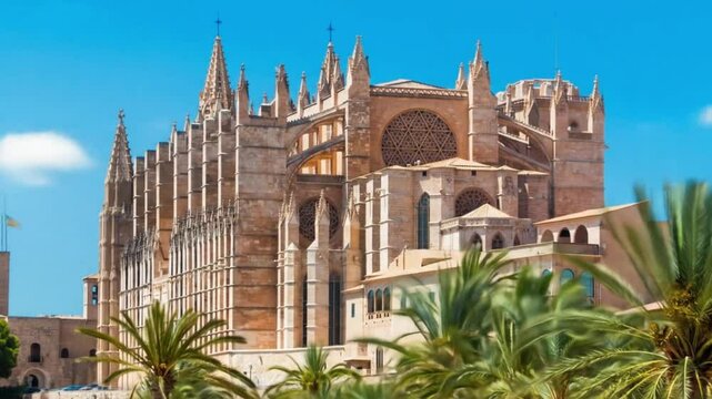The Cathedral of Santa Maria of Palm, Palma de Mallorca, Mallorca, Balearic Islands, Spain. Aerial view of the Historic Cathedral in Majorca at sunrise. 
