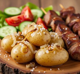 new boiled potatoes on a rustic wooden plate, drizzled with butter, salt, sprinkled with caramelized fried onions, a salad of fresh tomatoes and cucumbers and grilled pork kebab.