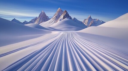 Majestic snow-covered mountains with groomed ski slopes under clear blue sky