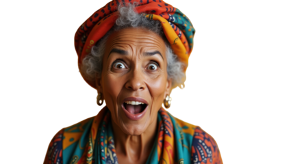 Elderly woman expressing surprise while wearing colorful headscarf  