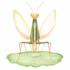 Watercolor Praying Mantis on Lotus Leaf Detailed Wings and Gentle Pose