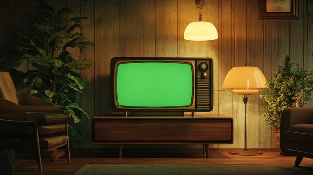 Vintage television set with a green screen in a retro living room setting