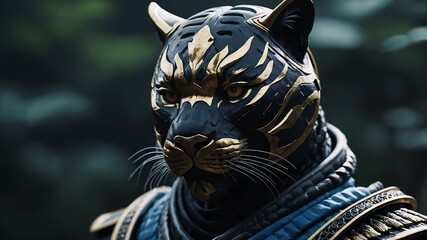 Samurai panther character hybrid looking cool on cinematic environment, looking proudly and enthusiastic