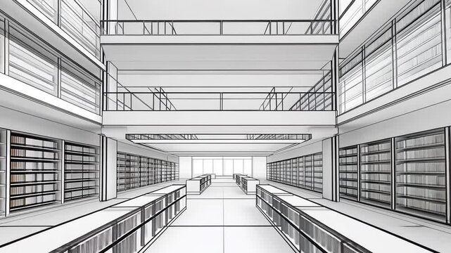 Architectural drawing of a multi-story library interior
