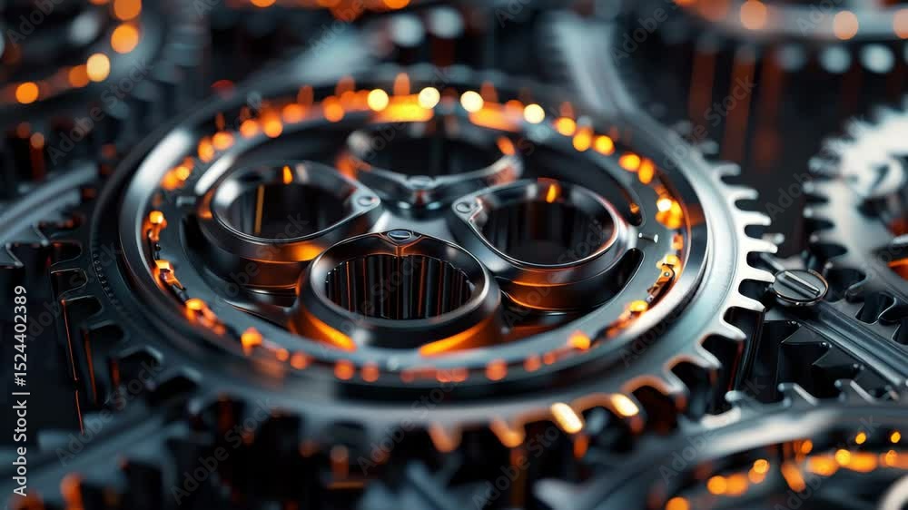 Aufkleber close-up view of intricate mechanical gears with glowing orange highlights in a high quality 4k sett