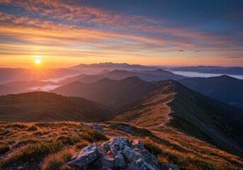 Sunrise over majestic mountain ranges
