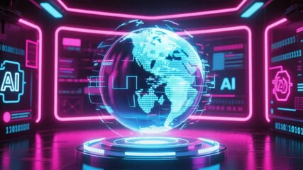 Futuristic ai world globe displayed within glowing neon interior with digital data and binary code  4K Ai technology HD video.
 - Powered by Adobe