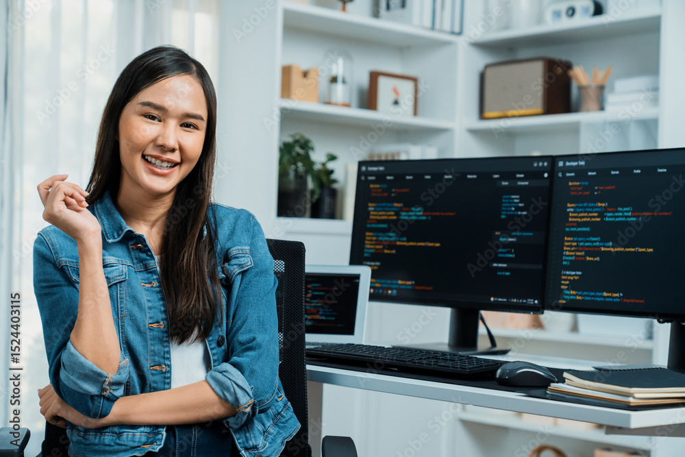 Wall mural young asian in it developer looking at camera to present with online information on pc with coding p