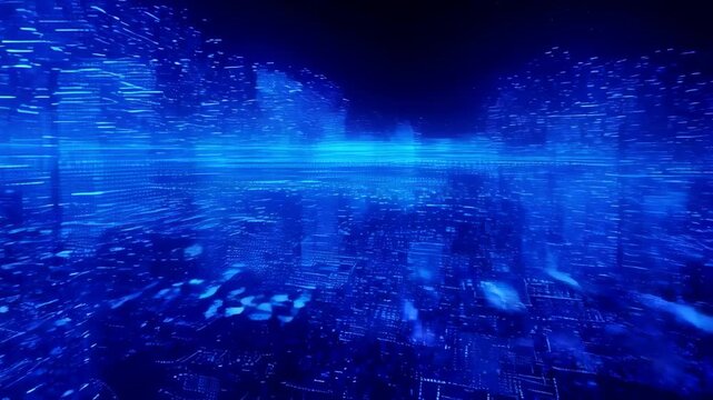Futuristic blue data stream in motion: digital lines and particles creating dynamic cyber landscape
