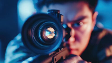 Focused marksman aiming with a sniper rifle in a tense and thrilling setting