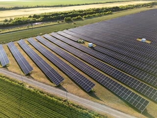 Aerial view of solar power station with energy storage
