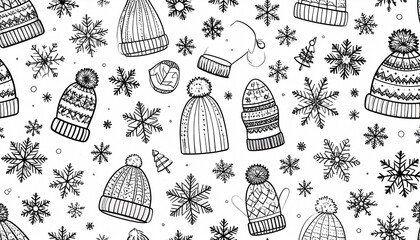A whimsical winter pattern featuring hand-drawn knit hats, mittens, snowflakes, and tiny trees, all in black ink on a white background.  The design is charming and repetitive