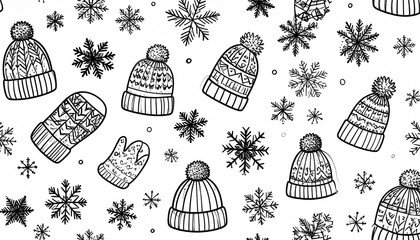 A whimsical winter pattern featuring hand-drawn winter hats, mittens, and snowflakes on a white background.  The style is simple line art with textured details