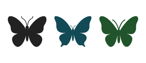 Obraz premium Butterfly silhouettes in black blue and green colors row on white background