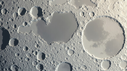 The lunar surface is visible in this close-up, revealing numerous craters of various sizes surrounded by rugged highlands. The landscape appears tranquil beneath the cosmic sky
