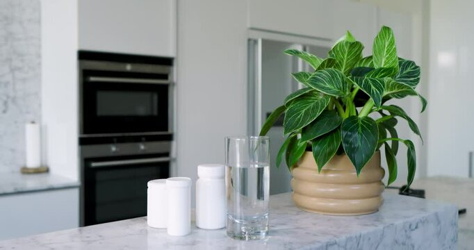 Camera starting tight on island with plant, pulling back panning right to reveal ovens, fridge