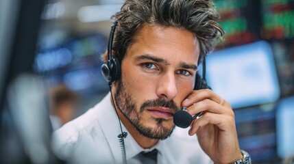 Professional Stockbroker Speaking on Headset in Modern Trading Space