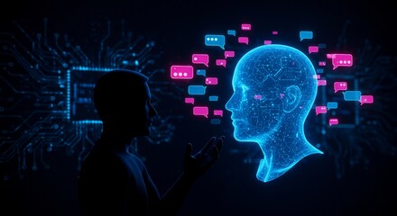 AI human talks with the person. Conversation in the digital virtual interface