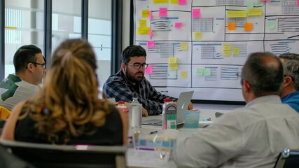 Collaborative brainstorming session in modern office with diverse group working on creative project ideas and strategies - Powered by Adobe