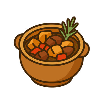 recommend clip art: Minimalist Detailed Stew Bowl with Vegetables and Rosemary Icon Illustration
