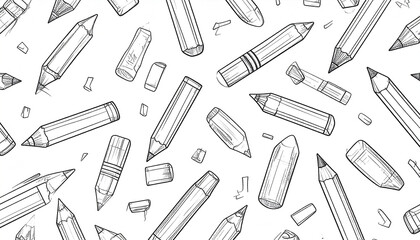 Seamless pattern of hand-drawn pencils, erasers, and pencil shavings on a white background; monochrome sketch style