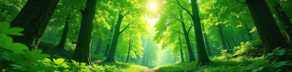 Obraz premium Lush green forest canopy, dappled sunlight filtering through leaves, vibrant foliage, tranquil nature scene , foliage, serene, green