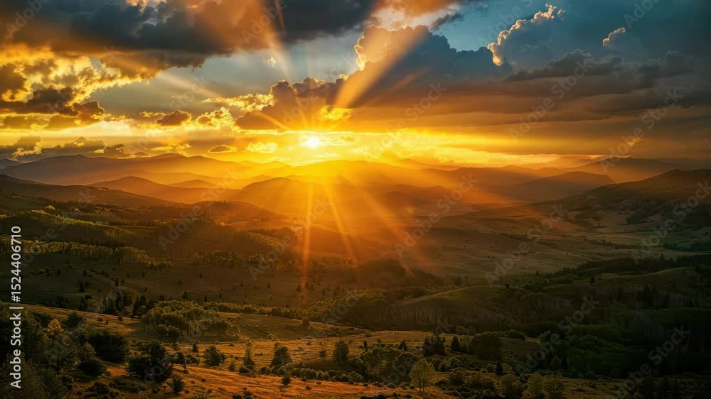 Poster stunning sunset over rolling hills with clouds illuminating the sky and casting warm light on the la