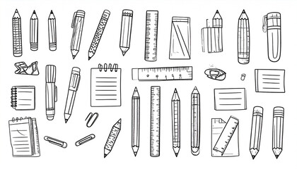 Hand-drawn sketch of various stationery items including pencils, pens, rulers, notebooks, sharpeners, and paperclips, arranged in a scattered composition