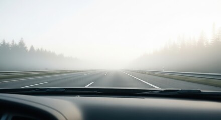 A foggy road scene viewed from inside a car. The highway stretches ahead, surrounded by dense trees and mist. The atmosphere is calm and serene.