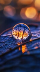 A water droplet, magnified, rests on a leaf.  A miniature world, a sunset, captured within, reflecting a silhouette of trees