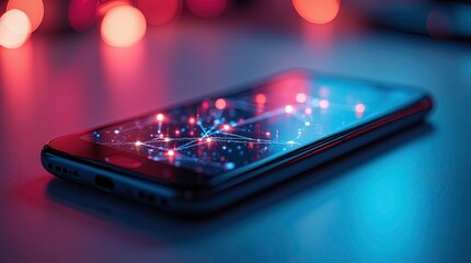 Digital technology background with smartphone mockup design created by AI system.