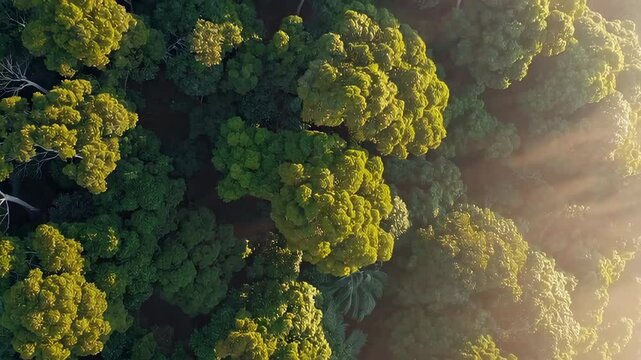 Sunlight filtering through lush green forest canopy