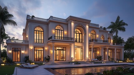 Obraz premium Opulent mansion with arched windows and refined architectural details exudes luxury and sophistication against a tranquil dusk backdrop.